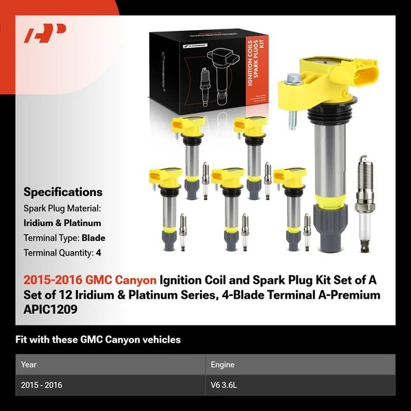 2015-2016 GMC Canyon Ignition Coil and Spark Plug Kit Set of A Set of 12 Iridium & Platinum Series, 4-Blade Terminal A-Premium APIC1209