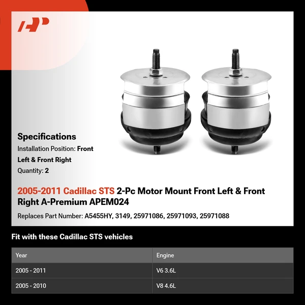 2005-2011 Cadillac STS 2-Pc Motor Mount Front Left & Front Right A-Premium APEM024