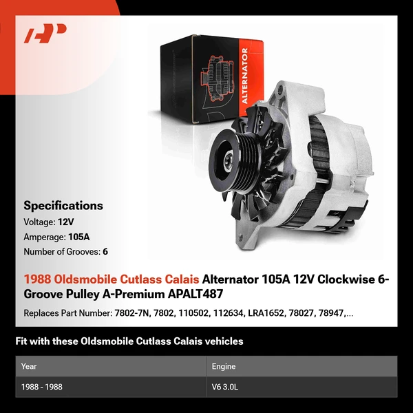 1988 Oldsmobile Cutlass Calais Alternator 105A 12V Clockwise 6-Groove Pulley A-Premium APALT487