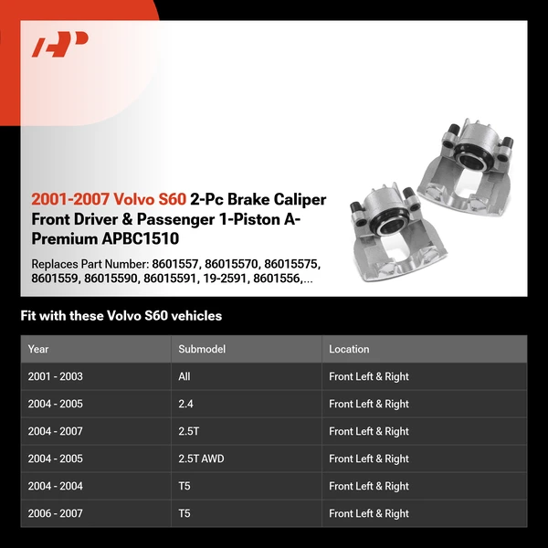 2001-2007 Volvo S60 2-Pc Brake Caliper Front Driver & Passenger 1-Piston A-Premium APBC1510