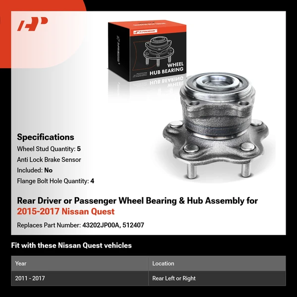 Rear Driver or Passenger Wheel Bearing & Hub Assembly for 2015-2017 Nissan Quest