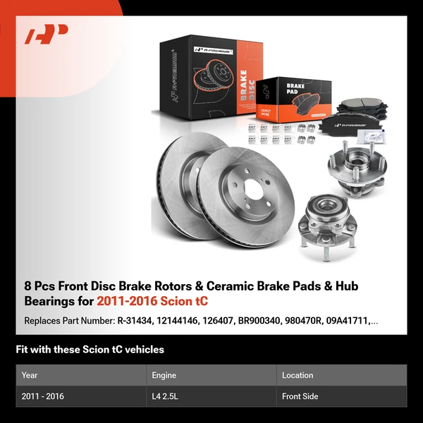 8 Pcs Front Disc Brake Rotors & Ceramic Brake Pads & Hub Bearings for 2011-2016 Scion tC