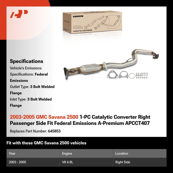 2003-2005 GMC Savana 2500 1-PC Catalytic Converter Right Passenger Side Fit Federal Emissions A-Premium APCCT407