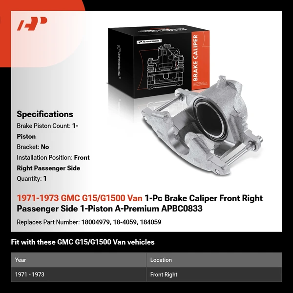1971-1973 GMC G15/G1500 Van 1-Pc Brake Caliper Front Right Passenger Side 1-Piston A-Premium APBC0833
