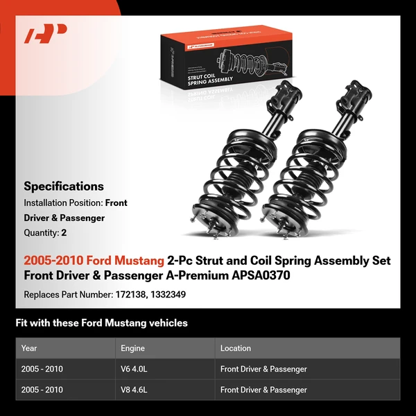 2005-2010 Ford Mustang 2-Pc Strut and Coil Spring Assembly Set Front Driver & Passenger A-Premium APSA0370