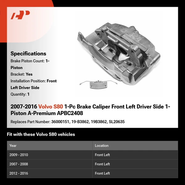 2007-2016 Volvo S80 1-Pc Brake Caliper Front Left Driver Side 1-Piston A-Premium APBC2408