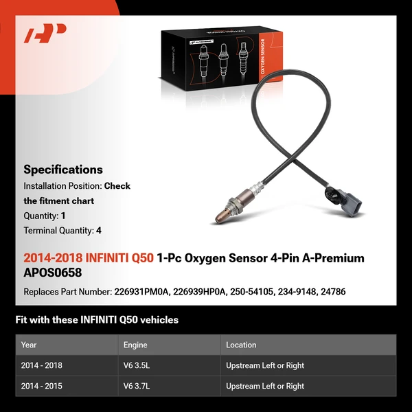 2014-2018 INFINITI Q50 1-Pc Oxygen Sensor 4-Pin A-Premium APOS0658