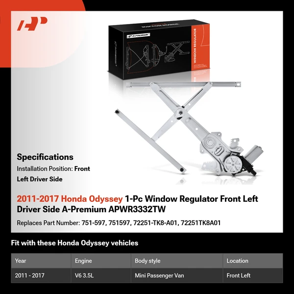 2011-2017 Honda Odyssey 1-Pc Window Regulator Front Left Driver Side A-Premium APWR3332TW