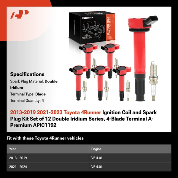 2013-2019 2021-2023 Toyota 4Runner Ignition Coil and Spark Plug Kit Set of 12 Double Iridium Series, 4-Blade Terminal A-Premium APIC1192