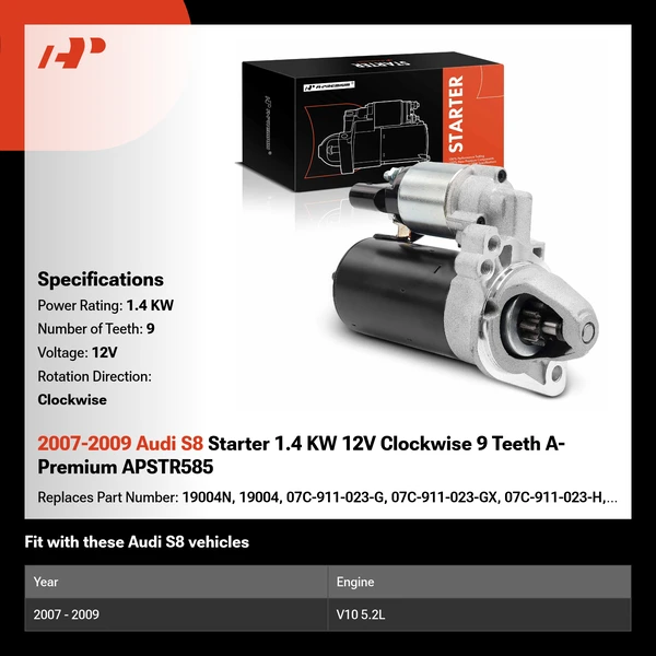 2007-2009 Audi S8 Starter 1.4 KW 12V Clockwise 9 Teeth A-Premium APSTR585