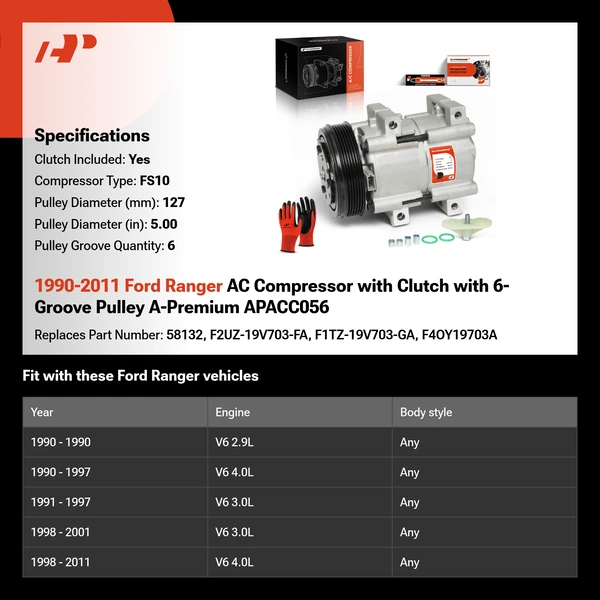 1990-2011 Ford Ranger AC Compressor with Clutch with 6-Groove Pulley A-Premium APACC056