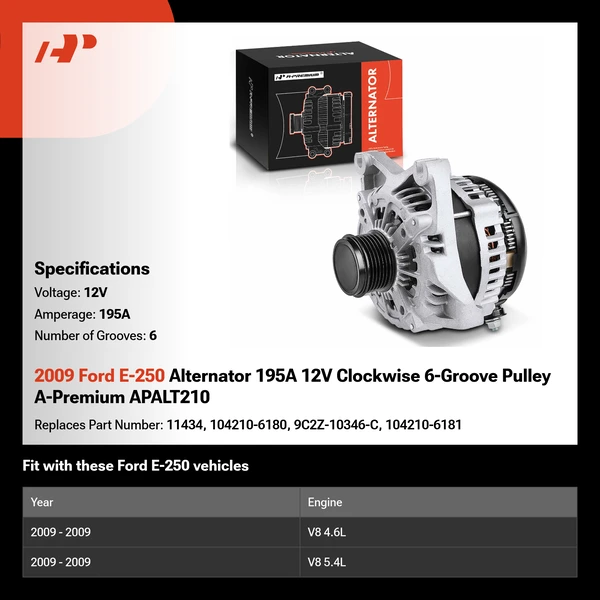 2009 Ford E-250 Alternator 195A 12V Clockwise 6-Groove Pulley A-Premium APALT210