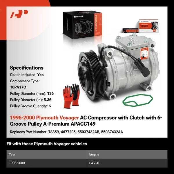 1996-2000 Plymouth Voyager AC Compressor with Clutch with 6-Groove Pulley A-Premium APACC149