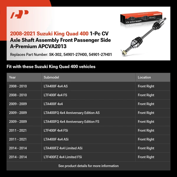 2008-2021 Suzuki King Quad 400 1-Pc CV Axle Shaft Assembly Front Passenger Side A-Premium APCVA2013