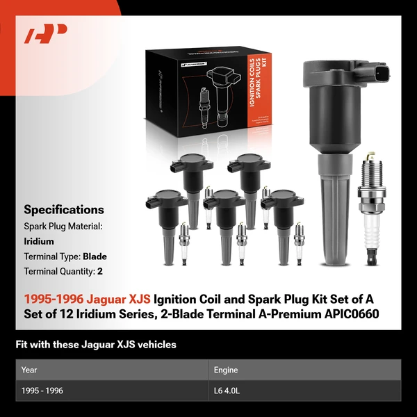 1995-1996 Jaguar XJS Ignition Coil and Spark Plug Kit Set of A Set of 12 Iridium Series, 2-Blade Terminal A-Premium APIC0660