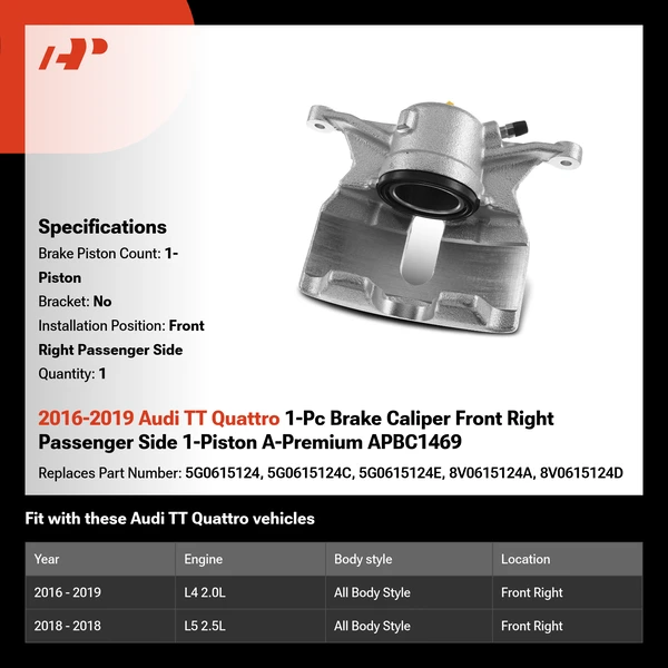 2016-2019 Audi TT Quattro 1-Pc Brake Caliper Front Right Passenger Side 1-Piston A-Premium APBC1469