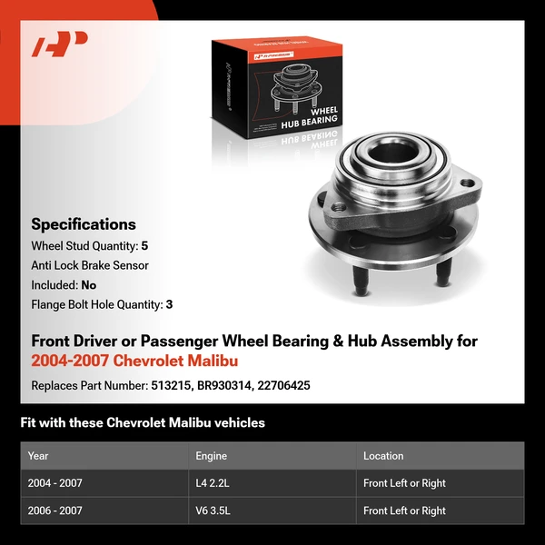 Front Driver or Passenger Wheel Bearing & Hub Assembly for 2004-2007 Chevrolet Malibu