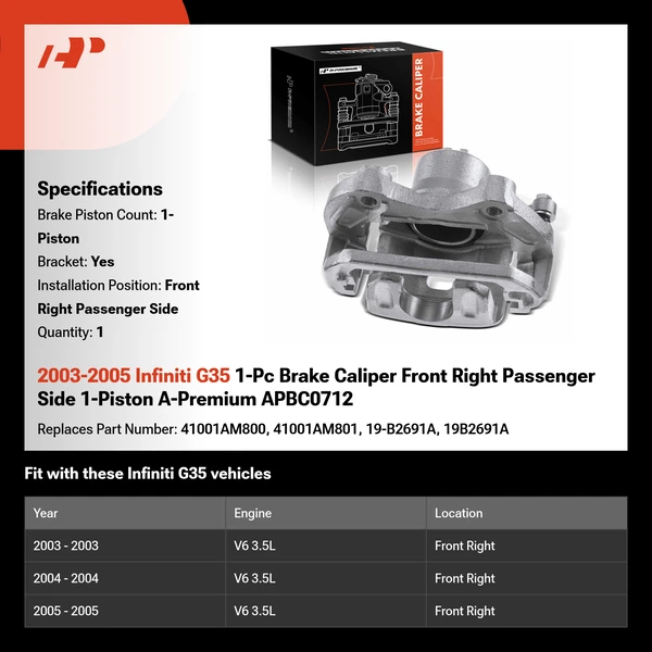 2003-2005 Infiniti G35 1-Pc Brake Caliper Front Right Passenger Side 1-Piston A-Premium APBC0712