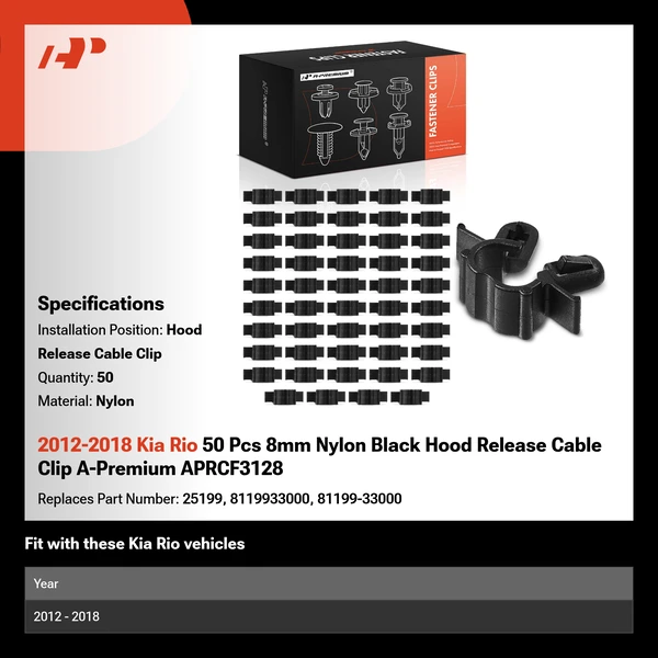 2012-2018 Kia Rio 50 Pcs 8mm Nylon Black Hood Release Cable Clip A-Premium APRCF3128