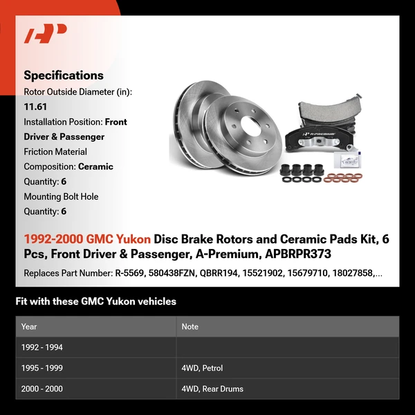 1992-2000 GMC Yukon Disc Brake Rotors and Ceramic Pads Kit, 6 Pcs, Front Driver & Passenger, A-Premium, APBRPR373