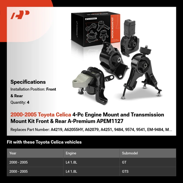 2000-2005 Toyota Celica 4-Pc Engine Mount and Transmission Mount Kit Front & Rear A-Premium APEM1127