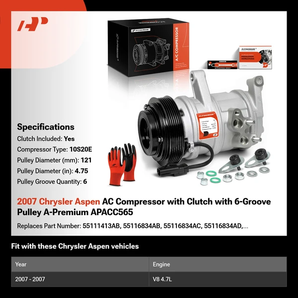 2007 Chrysler Aspen AC Compressor with Clutch with 6-Groove Pulley A-Premium APACC565