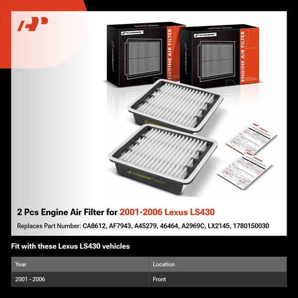 2 Pcs Engine Air Filter for 2001-2006 Lexus LS430