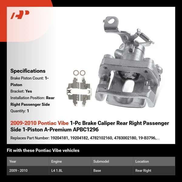 2009-2010 Pontiac Vibe 1-Pc Brake Caliper Rear Right Passenger Side 1-Piston A-Premium APBC1296