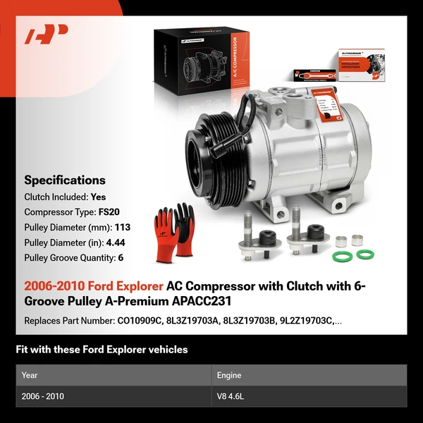 2006-2010 Ford Explorer AC Compressor with Clutch with 6-Groove Pulley A-Premium APACC231