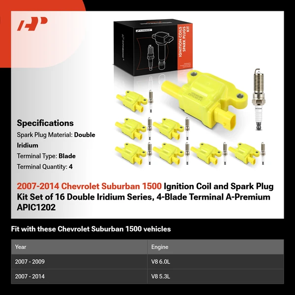 2007-2014 Chevrolet Suburban 1500 Ignition Coil and Spark Plug Kit Set of 16 Double Iridium Series, 4-Blade Terminal A-Premium APIC1202