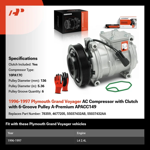 1996-1997 Plymouth Grand Voyager AC Compressor with Clutch with 6-Groove Pulley A-Premium APACC149