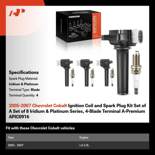 2005-2007 Chevrolet Cobalt Ignition Coil and Spark Plug Kit Set of A Set of 8 Iridium & Platinum Series, 4-Blade Terminal A-Premium APIC0916