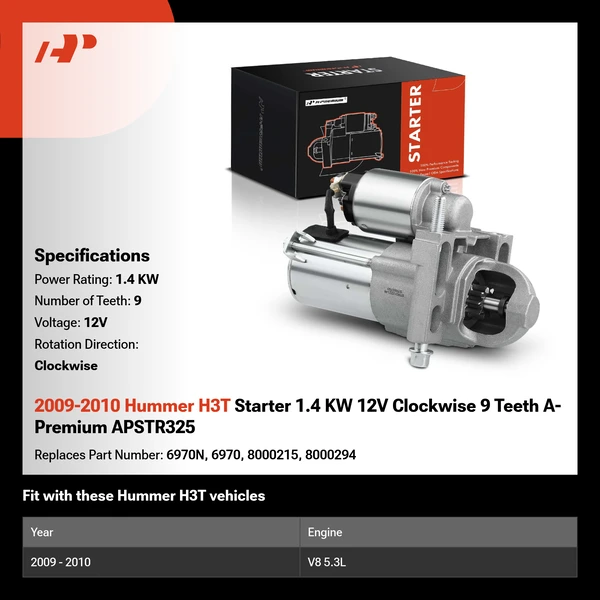 2009-2010 Hummer H3T Starter 1.4 KW 12V Clockwise 9 Teeth A-Premium APSTR325