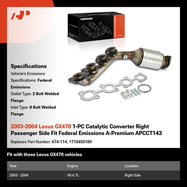 2003-2004 Lexus GX470 1-PC Catalytic Converter Right Passenger Side Fit Federal Emissions A-Premium APCCT143