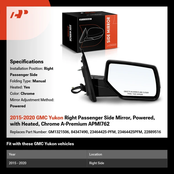 2015-2020 GMC Yukon Right Passenger Side Mirror, Powered, with Heated, Chrome A-Premium APMI762