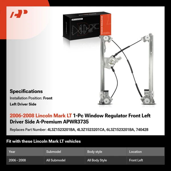 2006-2008 Lincoln Mark LT 1-Pc Window Regulator Front Left Driver Side A-Premium APWR3735