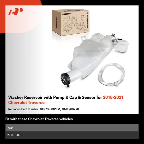 Washer Reservoir with Pump & Cap & Sensor for 2018-2021 Chevrolet Traverse
