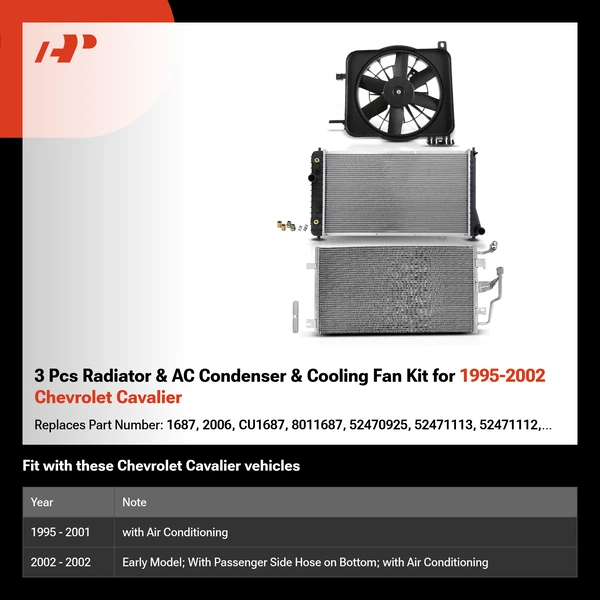 3 Pcs Radiator & AC Condenser & Cooling Fan Kit for 1995-2002 Chevrolet Cavalier