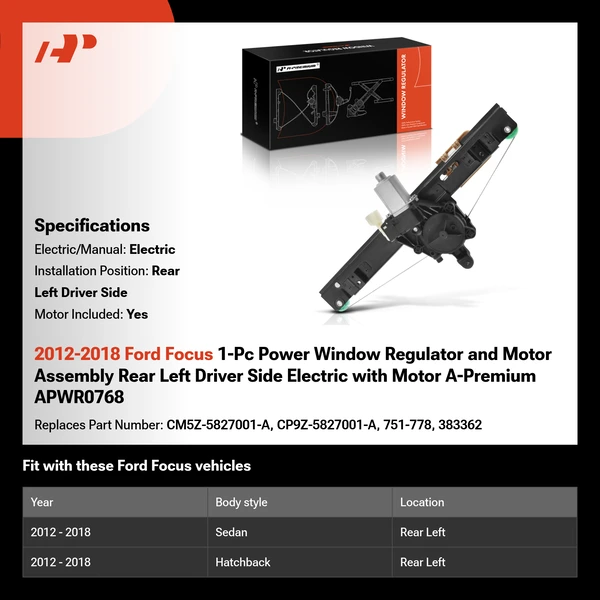 2012-2018 Ford Focus 1-Pc Power Window Regulator and Motor Assembly Rear Left Driver Side Electric with Motor A-Premium APWR0768