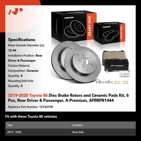 2019-2020 Toyota 86 Disc Brake Rotors and Ceramic Pads Kit, 6 Pcs, Rear Driver & Passenger, A-Premium, APBRPR1444
