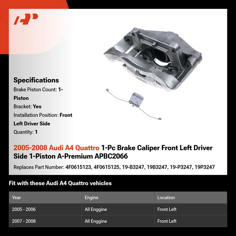 2005-2008 Audi A4 Quattro 1-Pc Brake Caliper Front Left Driver Side 1-Piston A-Premium APBC2066