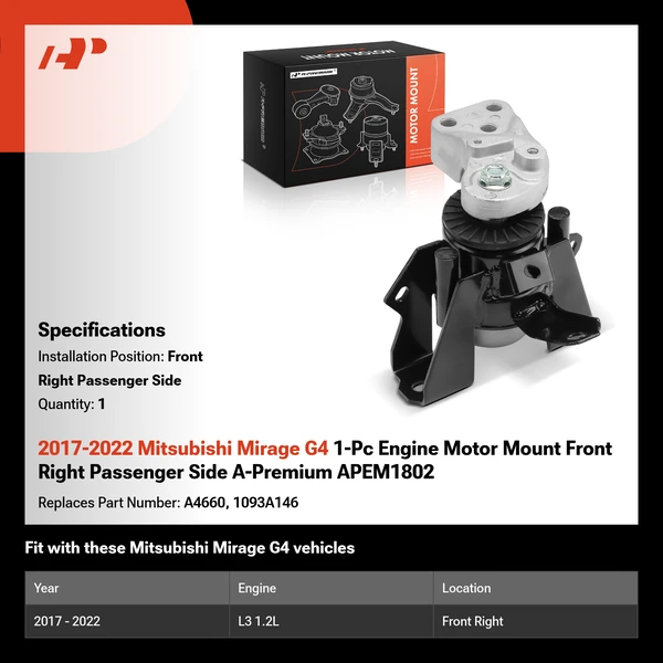 2017-2022 Mitsubishi Mirage G4 1-Pc Engine Motor Mount Front Right Passenger Side A-Premium APEM1802
