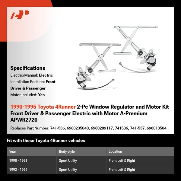 1990-1995 Toyota 4Runner 2-Pc Window Regulator and Motor Kit Front Driver & Passenger Electric with Motor A-Premium APWR2720
