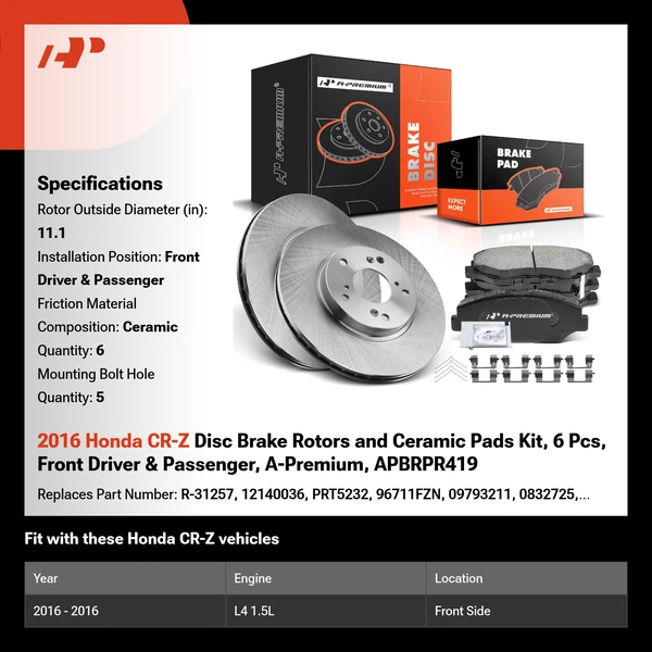 2016 Honda CR-Z Disc Brake Rotors and Ceramic Pads Kit, 6 Pcs, Front Driver & Passenger, A-Premium, APBRPR419