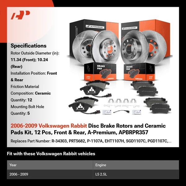 2006-2009 Volkswagen Rabbit Disc Brake Rotors and Ceramic Pads Kit, 12 Pcs, Front & Rear, A-Premium, APBRPR357