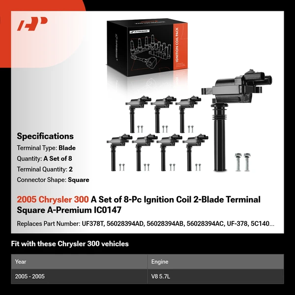 2005 Chrysler 300 A Set of 8-Pc Ignition Coil 2-Blade Terminal Square A-Premium IC0147