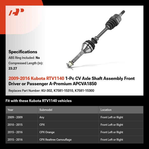 2009-2016 Kubota RTV1140 1-Pc CV Axle Shaft Assembly Front Driver or Passenger A-Premium APCVA1850