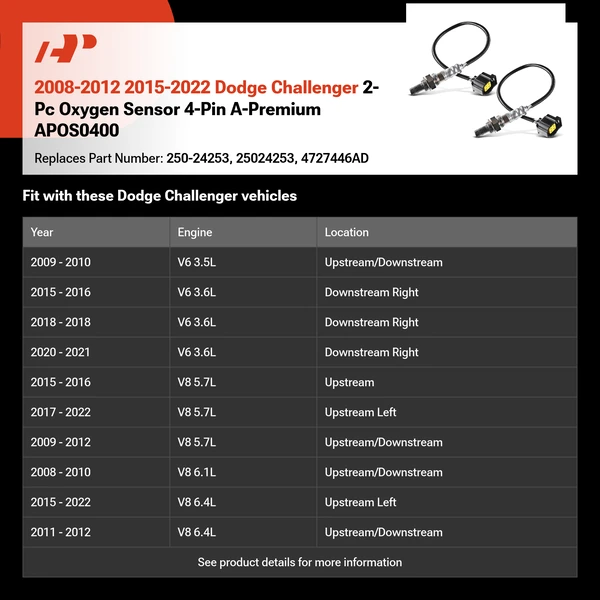2008-2012 2015-2022 Dodge Challenger 2-Pc Oxygen Sensor 4-Pin A-Premium APOS0400