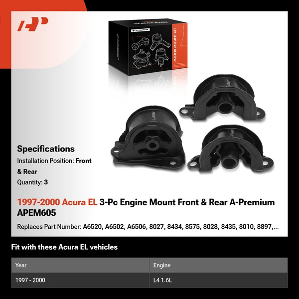 1997-2000 Acura EL 3-Pc Engine Mount Front & Rear A-Premium APEM605