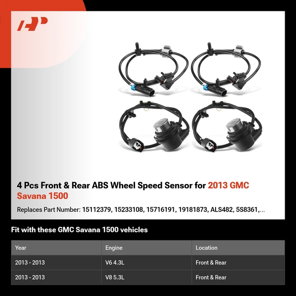 4 Pcs Front & Rear ABS Wheel Speed Sensor for 2013 GMC Savana 1500
